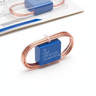 El material del alambre de plomo de cobre enlatado X2 Capacitador de seguridad Capacitante Tolerancia más menos 20 por ciento Voltado de sobretensiones nominal 2,5 veces Voltado nominal