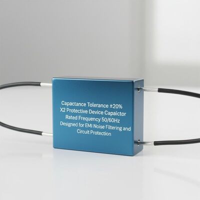 Tolerancia de capacitancia ±20 por ciento, condensador de dispositivo protector X2, frecuencia nominal 50/60 Hz, diseñado para filtrado de ruido EMI y protección de circuitos